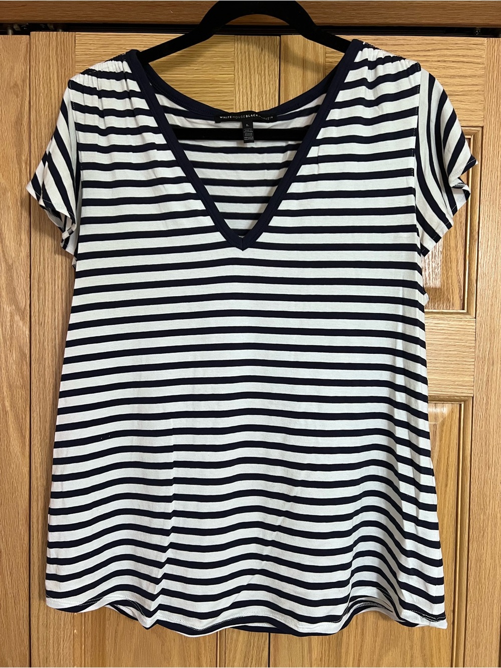 White House Black Market Navy & White Striped V-Neck Tee Flutter sleeves, Large